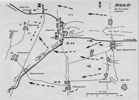 Rckzugsgefechte und der Durchbruch des russischen Panzerkorps bei Kasanka (Quelle: Divisionsgeschichte Willemer [1])