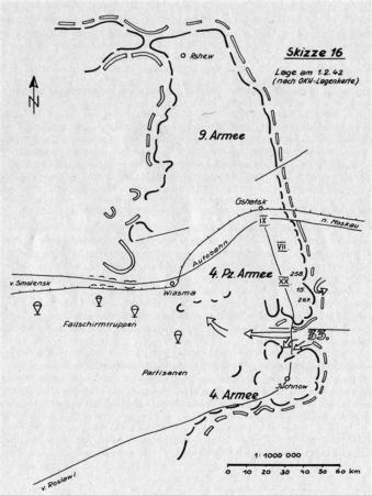 Lage bei der 9. Armee und 4. Panzerarmee am 1.2.1942 (Quelle: Willemer [1])