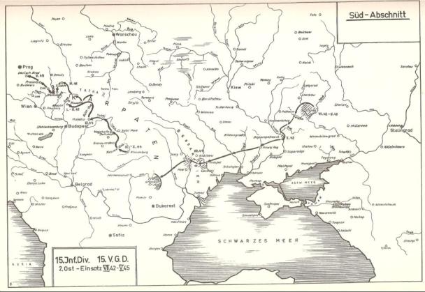 Der Rckzugsweg der 15. I.D. seit September 1943 bis Kriegsende. Die Zeitraumangabe auf der Karte ist falsch, ebenso die Angabe "15.V.G.D." (gab es nicht).  [Karte vom DRK-Suchdienst]