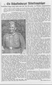 Bericht einer Aschaffenburger Zeitung vom Juli 1940 ber den Ritterkreuztrger Feldwebel Josef Lang