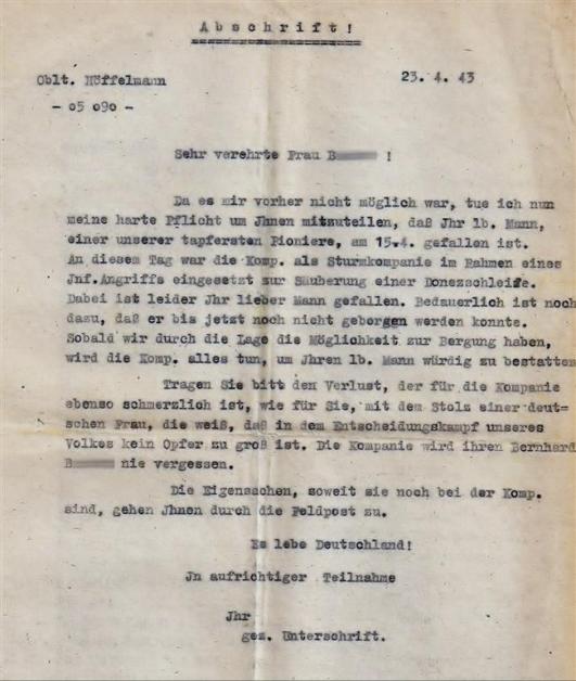 Abschrift der Todesbenachrichtigung an Bernhard B.s Ehefrau.