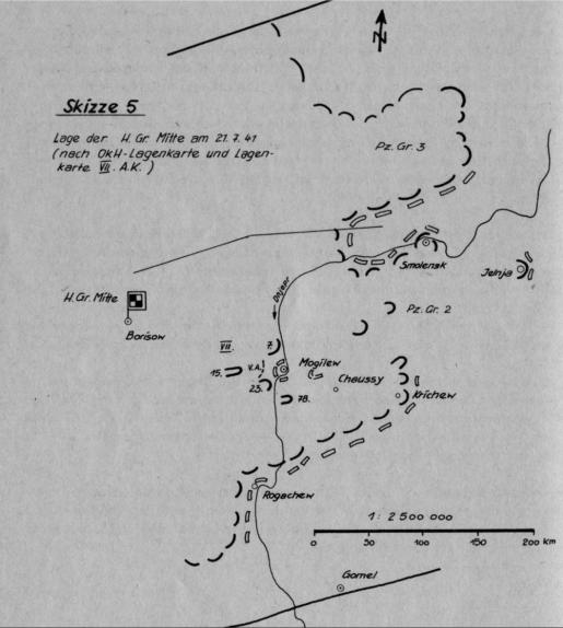 Lage der Heeresgruppe Mitte am 21.7.1941 (nach OKW-Lagekarte und Lagekarte VII. Armeekorps) [Quelle: Willemer [1] ]